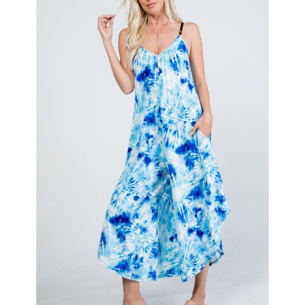 Tie Dye Blue/White V-Neck Jumpsuit with Pockets - Picture 5 of 7